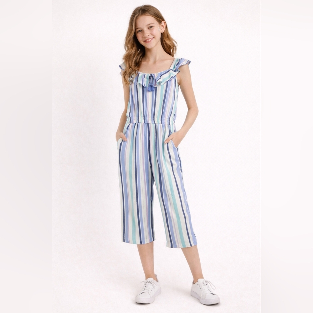 Justice Striped Blue and Green Jumpsuit For Girl Size 12/14 With Pockets & Liner